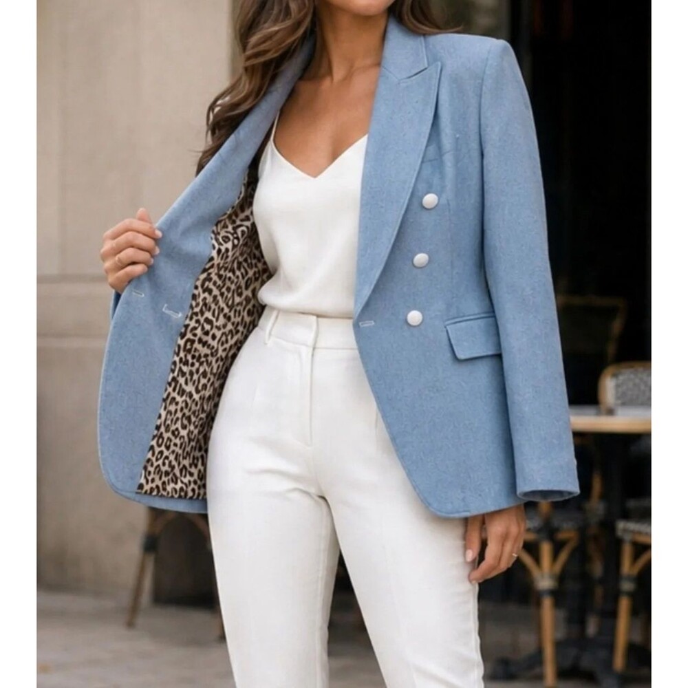 Kourt Revolve Denim Blazer Animal Print 100% Cotton Double Breasted Blue Size XS